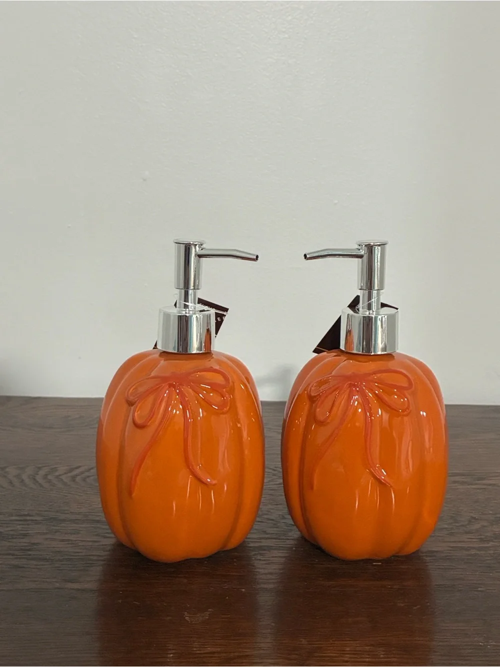 NWT- Set of 2- Orange Ceramic Pumpkin Soap Dispensers w/ Ribbons 18oz
